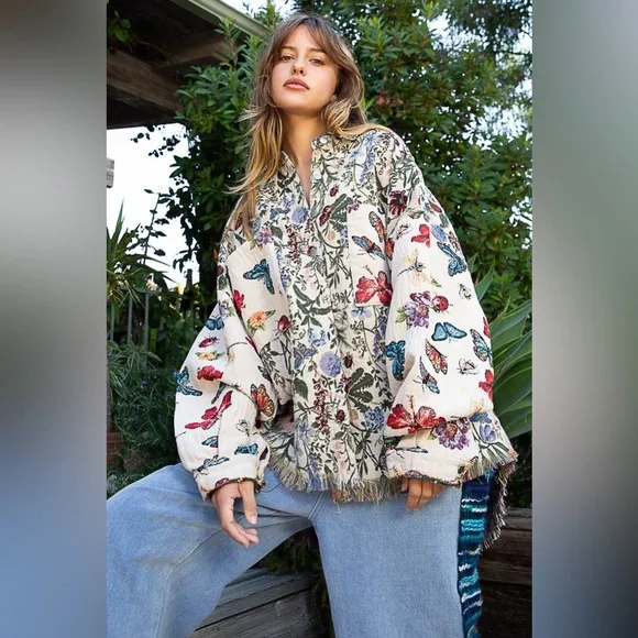 100.POL multicolor jacket Shacket Oversized Butterfly Floral Jacquard - Picture 3 of 7